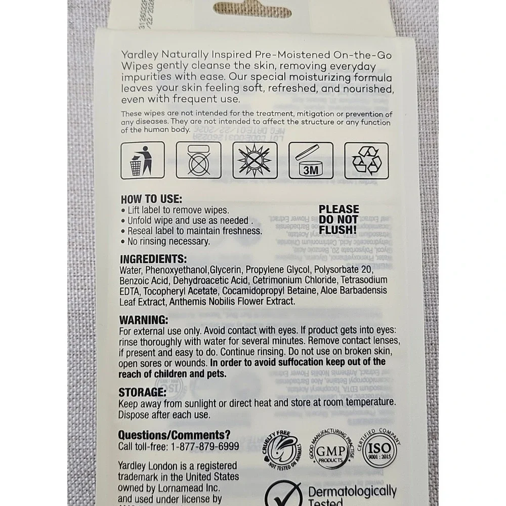 Yardley London On the Go Wipes 3pk 24ct Aloe‎ Vera Chamomile Vit-E Travel Size